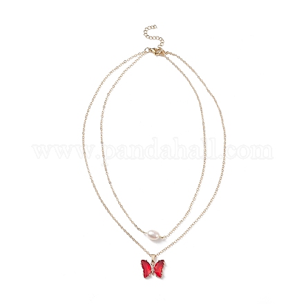 Glass Butterfly & Natural Pearl Pendants Double Layer Necklace with Clear Cubic Zirconia NJEW-TA00043-01-1