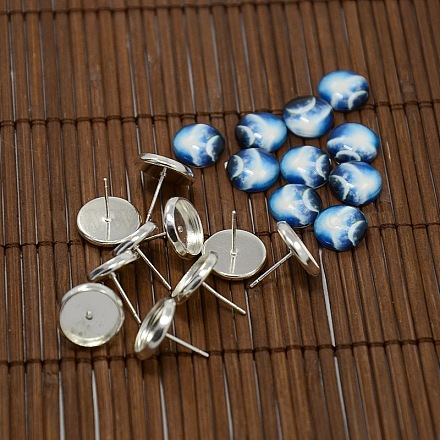 10x4mm Brilliant Starry Sky Glass Cabochons and Silver Brass Components for Stud Earring Making DIY-X0174-07S-RS-1