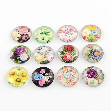 Half Round/Dome Floral Pattern Glass Flatback Cabochons for DIY Projects X-GGLA-Q037-25mm-M16-1