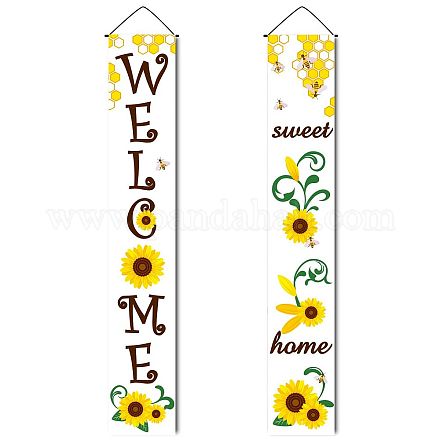 CREATCABIN Welcome Home Banner Hanging Porch Sign Sunflower Bee Summer Style for Office Indoor Outdoor Holiday Party Halloween Xmas Welcome Decorations 11.8 x 70.8 Inch HJEW-WH0011-20J-1