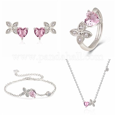 Brass & Heart Glass Imitation Rose Quartz Jewelry Set SJEW-BB62705-A-1