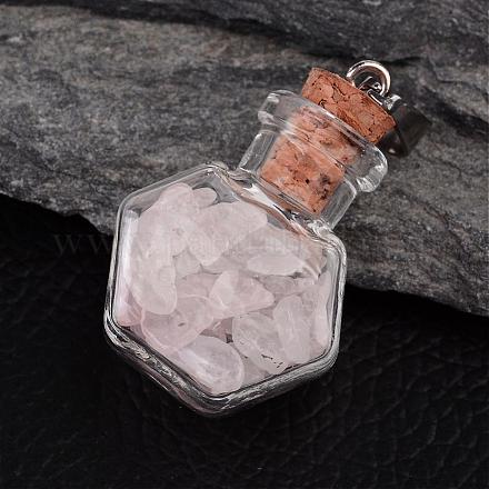Hexagon Glass Bottle with Rose Quartz inside Pendants PALLOY-JF00171-02-1