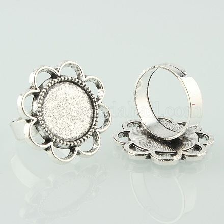 Vintage Adjustable Iron Finger Ring Components Alloy Flower Cabochon Bezel Settings X-PALLOY-O039-25AS-1