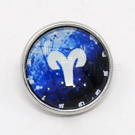 Platinum Plated Brass Glass Flat Round with Blue Constellation/Zodiac Sign Jewelry Snap Buttons SNAP-M034-B-05-1
