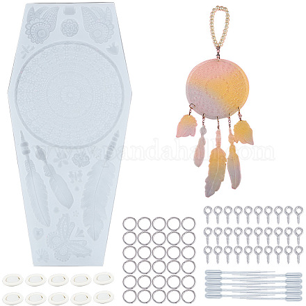 SUNNYCLUE Resin Casting Mold Dream Catcher Molds Silicone Moulds with Iron Screw Eye Pin Peg Bails Latex Finger Cots for Making Epoxy Mould 3D Feather Shape Art Mold Set DIY Craft DIY-SC0001-12-1