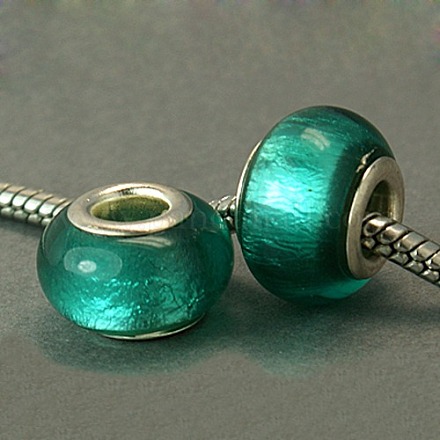 Perline europee rondelle in lamina d'argento con foro largo tono verde mare medio X-DA353-1