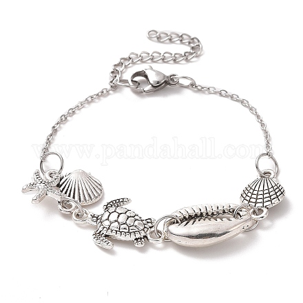 Bracelet à breloques en alliage de coquillages et d'étoiles de mer et de tortues pour femmes BJEW-JB09354-1