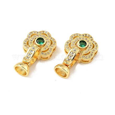 Rack Plating Brass Micro Pave Clear & Green Cubic Zirconia Fold Over Clasps KK-E034-32G-1