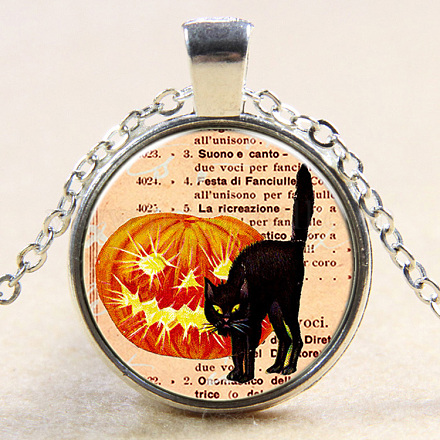 Collares pendientes de aleación de vidrio con gatito temático de Halloween NJEW-N0051-053K-02-1