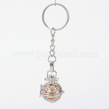 Platinum Plated Brass Hollow Round Cage Chime Ball Keychain KEYC-J073-F03-1