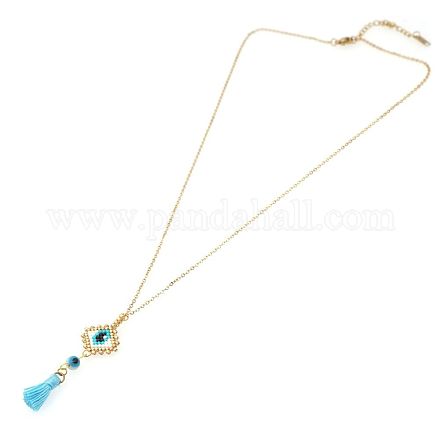 Glass Seed Braided Evil Eye with Tassel Pendant Necklace for Women NJEW-BB7272736-1
