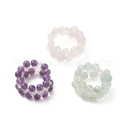 Gemma naturale e anello elasticizzato con perline intrecciate in vetro da donna RJEW-JR00546-1