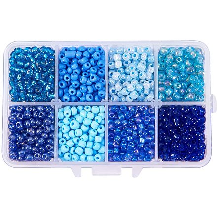 Pandahall alrededor de 1900 piezas 6/0 cuentas de semillas de vidrio redondas con caja set valor paquete joyería fabricación fornituras diámetro 4 mm azul SEED-PH0006-4mm-03-1