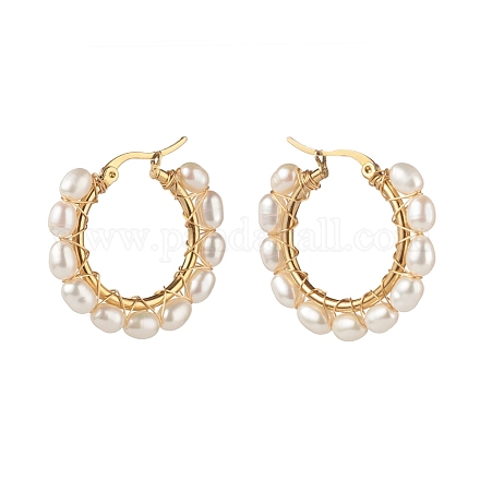 Boucles d'oreilles créoles en laiton perles de perles naturelles EJEW-JE04565-01-1