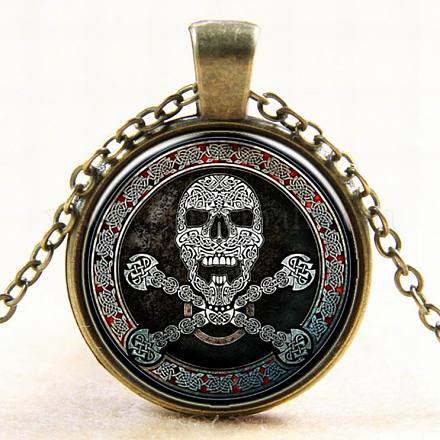 Pretty Skull with Crossbone Pattern Flat Round Glass Pendant Necklaces NJEW-N0051-005A-01-1