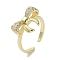 Brass Micro Pave Cubic Zirconia Open Cuff Ring, Bowknot, Real 16K Gold Plated, US Size 7 1/2(17.5mm)