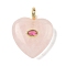 Natural Rose Quartz Pendants, Heart Charms with Brass Micro Pave Cubic Zirconia Findings, Real 18K Gold Plated, Long-Lasting Plated, Rack Plating, 31x25x10mm, Hole: 4mm