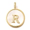 Rack Plating Brass Micro Pave Clear Cubic Zirconia Pendants with Shell, Letter Series Charms, Long-Lasting Plated, Lead Free & Cadmium Free, Letter R, 32x24x3.5mm, Hole: 6x3mm