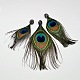 Peacock Feather Big Pendants, with Polymer Clay Rhinestone and Brass Findings, Platinum, Dark Green, 102~147x40~68x10mm, Hole: 2mm