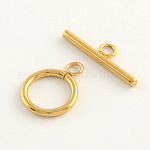 304 Edelstahl-Ring-Schalter Spangen, echtes 24k vergoldet, Ring: 19x14x2 mm, Bohrung: 3 mm, Balken: 24.5x7x2.5 mm, Bohrung: 3 mm