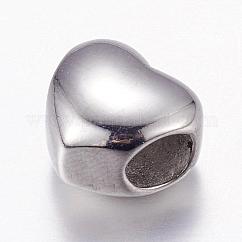Anlaufgeschützte europäische Perlen aus 304 Edelstahl, Großloch perlen, Herz, Edelstahl Farbe, 10x11x8 mm, Bohrung: 5 mm