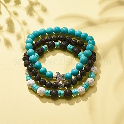 3 pièces 3 bracelets extensibles en perles de pierres précieuses mélangées naturelles et synthétiques de style serti d'étoiles de mer en alliage pour les femmes&nbsp;BJEW-JB08185