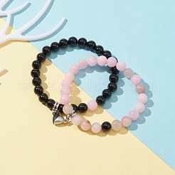 2 Uds. Conjunto de pulseras elásticas con cuentas de jaspe de flor de ciruelo y ónix negro natural de 2 estilos&nbsp;BJEW-TA00285