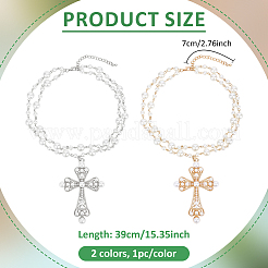 2 pz 2 stili croce in ferro e lega grande ciondolo catena di perle in plastica collane a doppio strato&nbsp;NJEW-ME0001-23