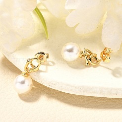 Pendientes colgantes redondos de latón con micropavé de circonitas cúbicas y perlas de plástico ABS&nbsp;EJEW-C126-06G