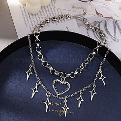 Colliers double couche pour femmes avec pendentif cœur et étoile creux en alliage&nbsp;WG6A60D-01
