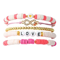 5 pièces 5 styles en argile polymère heishi et mot amour ensemble de bracelets extensibles en perles&nbsp;BJEW-TA00297