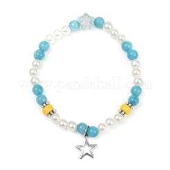 3 bracelet extensible en perles de jade malaisien naturel rond teinté de 3 couleurs avec perles en plastique ABS&nbsp;BJEW-JB11643