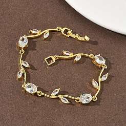 Bracelets en laiton à micro pavé de zircones cubiques ovales et à maillons en forme de feuille pour femmes&nbsp;BJEW-G764-05G-02