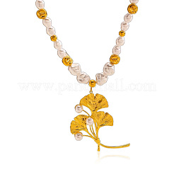 Colliers pour femmes avec pendentif feuille de ginkgo en acier inoxydable 304 et perles d'imitation&nbsp;WG458B2-01