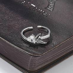 Anelli polsino a spina di pesce con cuore in zirconia cubica trasparente&nbsp;RJEW-G337-04P