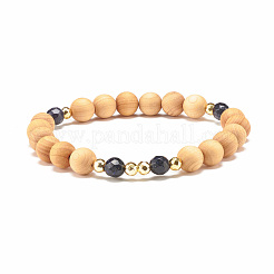Bracciale elasticizzato con perline in legno naturale e pietre preziose&nbsp;BJEW-JB07820