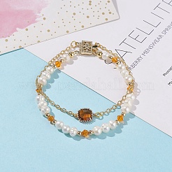 Bracelet multi-rangs en perles de verre et perles naturelles avec chaînes forçat en laiton pour femme&nbsp;BJEW-TA00077-03