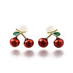 Orecchini a bottone in ottone smaltato color ciliegia&nbsp;EJEW-U061-01G