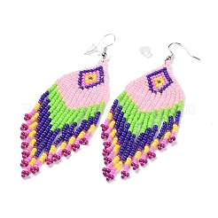Losange tressé en graines de verre avec boucles d'oreilles lustre à pampilles&nbsp;LS-EJEW-H084-04P