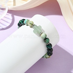 Pulseras elásticas redondas de ojo de tigre natural y jaspe verde con cuentas.&nbsp;BJEW-JB14052