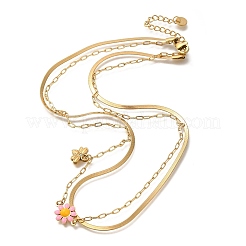 Collar con colgante de flores y abejas de doble capa de acero inoxidable 304 con baño de iones (IP) para mujer.&nbsp;NJEW-F328-19G-02