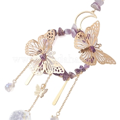 Decorazioni pendenti con farfalla in ferro e anello con chip di ametista naturale&nbsp;HJEW-TA00244