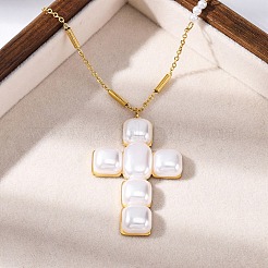 Colliers avec pendentif en croix en acier inoxydable 304 et perles en plastique pour femmes&nbsp;NJEW-U032-12G