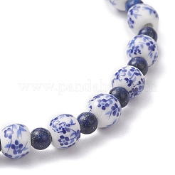 Bracelets extensibles faits main en porcelaine imprimée de fleurs et perles de lapis-lazuli naturel pour femmes&nbsp;BJEW-JB12932