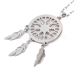 Anlaufgeschütztes gewebtes Netz/Gewebe mit Feder 201 Edelstahl Boho Anhänger Halsketten für Damen&nbsp;NJEW-G087-08P