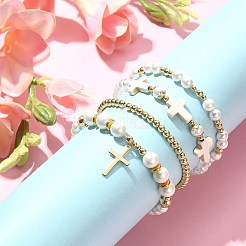 Set di braccialetti elasticizzati con perle di conchiglia e perline di vetro da 4 pz&nbsp;BJEW-TA00327