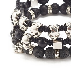 3 pièces 3 styles turquoise synthétique (teint) et bracelets de perles tressées en pierre de lave naturelle sertie d'un crâne en alliage&nbsp;BJEW-JB07865