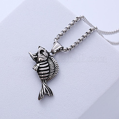 Vintage Punk 304 Edelstahl Skelett Fisch Anhänger Halsketten für Hip-Hop Streetwear&nbsp;PZ9152