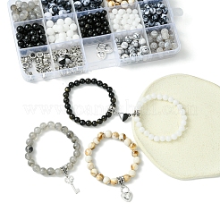 DIY-Sets zur Schmuckherstellung für Paare aus Legierung und runder natürlicher weißer Jade und Obsidian und Crackle-Achat und synthetischen Howlithperlen&nbsp;DIY-FS0007-49