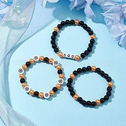 3 Stück 3 Stile Halloween Themen 8mm runde Glasperlen Stretch Armband Sets&nbsp;BJEW-JB10849